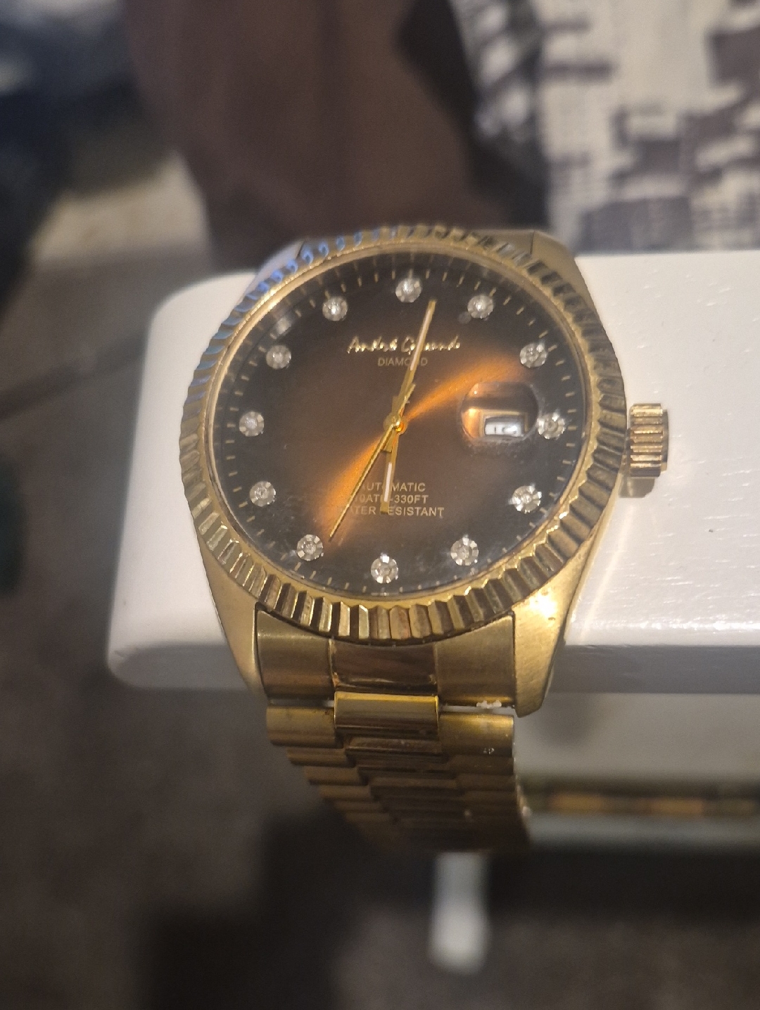 GoldTone Mens Automatic Watch With Brown Sunburst Dial And Diamond Markers